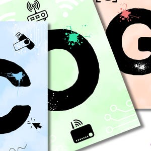 May include: Three colorful posters with the letters C, O, and G in black on a white background. Each letter has a different colored background and is surrounded by abstract shapes and symbols related to technology, such as a USB drive, a router, and a mouse cursor.