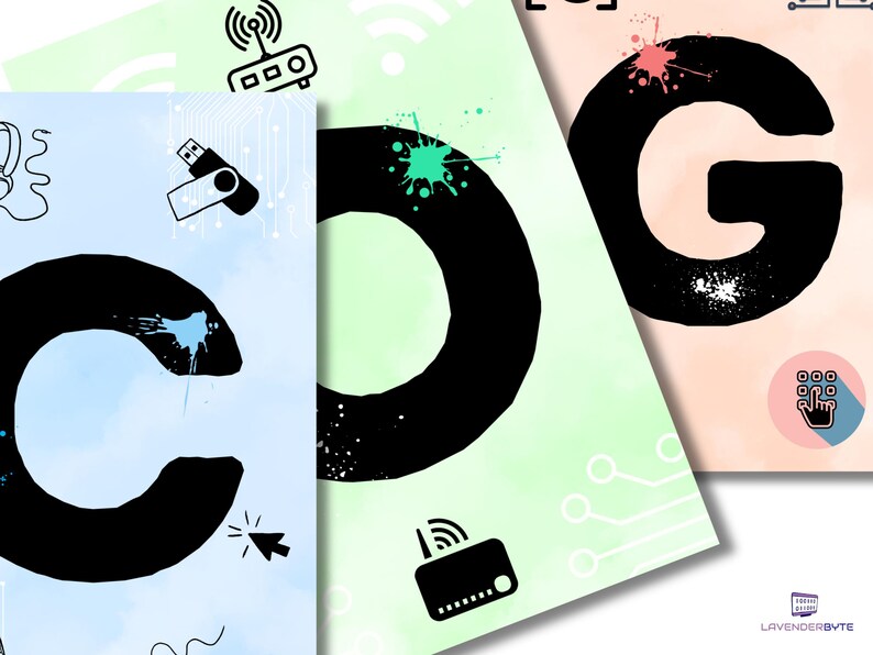 May include: Three colorful posters with the letters C, O, and G in black on a white background. Each letter has a different colored background and is surrounded by abstract shapes and symbols related to technology, such as a USB drive, a router, and a mouse cursor.