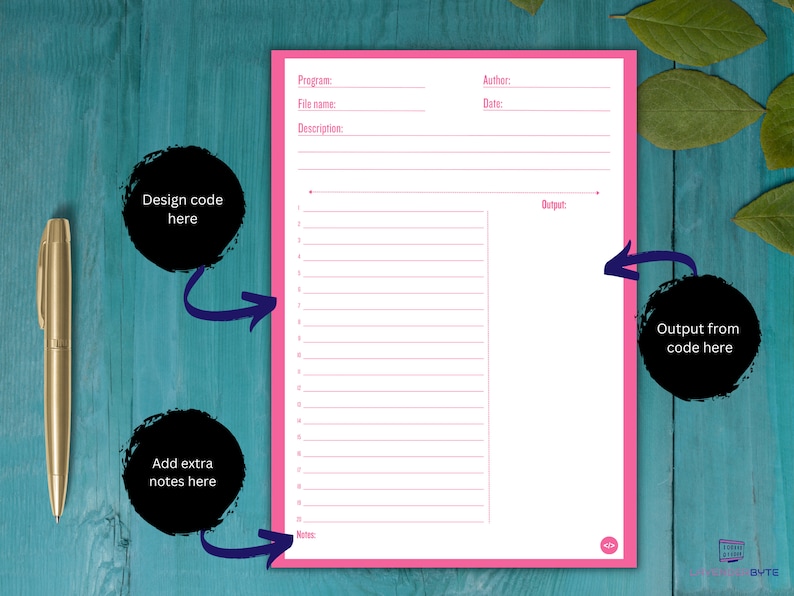 May include: A pink and white printable coding worksheet with sections for program, file name, description, author, date, output, and notes. The worksheet includes a space for design code and output from code.