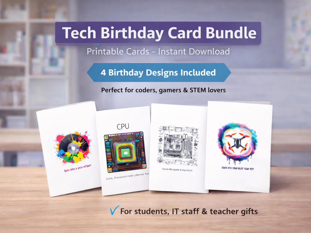 Tech Birthday Card Bundle – Printable Geek Cards for Coders, STEM & IT ...