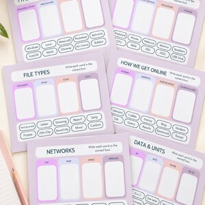 May include: A set of six educational worksheets with light purple borders, featuring categories like Types of Software, Computer Parts, File Types, How We Get Online, Networks, and Data & Units, with blank boxes and word banks for sorting terms.