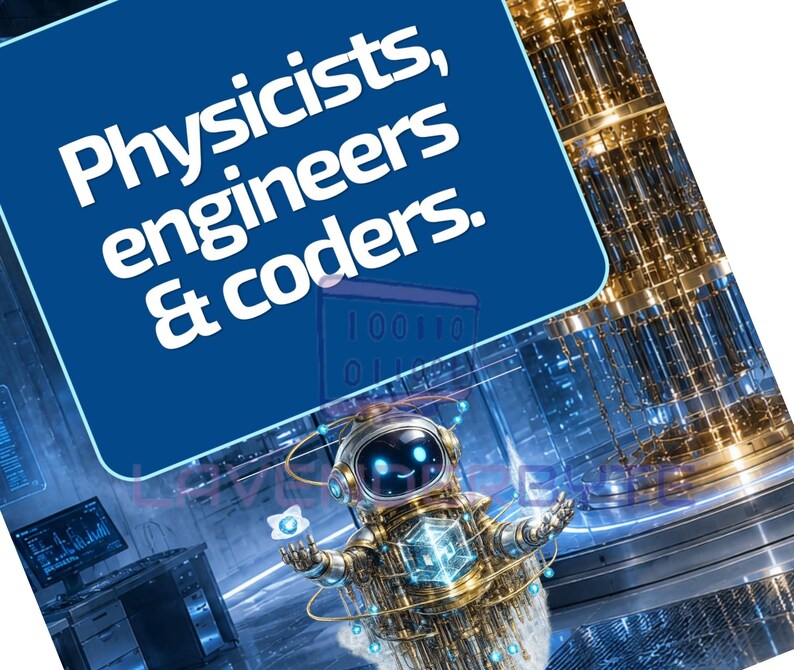 Pu&ograve; includere: Un grafico rettangolare blu con il testo bianco Physicists, engineers & coders. Sotto, un robot metallico con occhi blu luminosi e anelli circolari tiene un cubo luminoso in un laboratorio ad alta tecnologia con macchinari complessi.