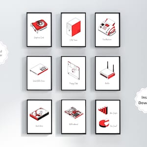 May include: Set of 9 printable wall art prints featuring red and white illustrations of computer hardware and data visualization charts. The illustrations include a graphics card, CPU tower, fax machine, solid state drive, floppy disk, router, hard drive, motherboard, bar graph, and pie chart. The prints are available in A4, A3, A2, and US letter sizes.
