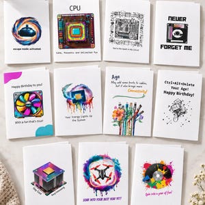 May include: A bundle of 11 white greeting cards featuring tech-themed illustrations and text. Designs include a VR headset, CPU, circuit board, cassette tape, cooling fan, colorful cables, Ctrl+Alt+Delete keys, a drone, and a vinyl record.