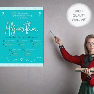 K&ouml;nnte beinhalten: Ein t&uuml;rkisblaues Poster mit dem Wort "Algorithmus" in wei&szlig;er Schrift. Das Poster erkl&auml;rt, was ein Algorithmus ist, warum er wichtig ist, wie er dargestellt wird, welche Arten es gibt, wo er eingesetzt wird und welche Beispiele es gibt. Das Poster h&auml;ngt an einer grauen Wand, an der eine Frau mit einem Stock darauf zeigt.