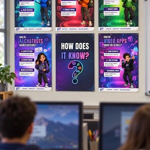 May include: A set of six educational posters displayed on a wall, explaining how technology works. The posters feature cartoon characters and text explaining smart cars, streaming apps, music apps, AI chatbots, video apps, and a central question: How does it know?