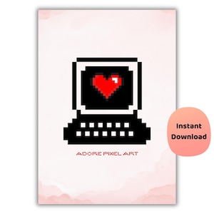 Retro Pixel Art Poster: Computer Heart, Tech Office Decor (Digital Download)