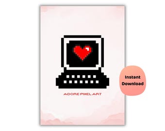 Retro Pixel Art Poster: Computer Heart, Tech Office Decor (Digital Download)