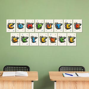 May include: A set of fifteen rectangular wall posters featuring individual letters that spell out COMPUTER SCIENCE. Each letter is rendered in a vibrant, comic-book style with bold outlines, colorful gradients, and decorative star and lightning bolt accents.