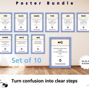 Conjunto de 10 pósteres de funciones de Python, Imprimir entrada Longitud Tipo Rango Absoluto Redondeo Entero Cadena Flotante, Decoración de aula de informática GCSE KS3 KS4 Pantalla