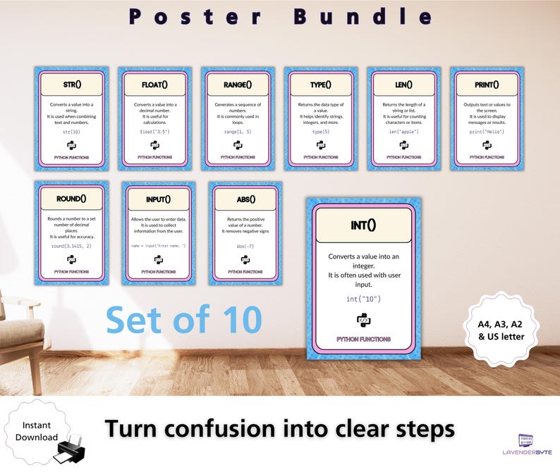 Set di 10 poster sulle funzioni Python, stampa Input Len Type Range Abs Round Int Str Float, decorazione per aula di informatica GCSE KS3 KS4 Display immagine 1
