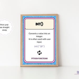 Pu&ograve; includere: Stampa incorniciata con sfondo bianco e bordo blu e rosa. La stampa presenta il testo "INT()" e una descrizione della funzione Python. Il testo include "Converte un valore in un numero intero" e "int("10")". Sono visibili anche le parole "PYTHON FUNCTIONS".
