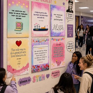 May include: A wall display titled Code Like A Legend featuring six posters with Grace Hopper quotes and illustrations, including a computer, a ship, and a brain. The display includes text accents like Women in STEM and We stand on giants.