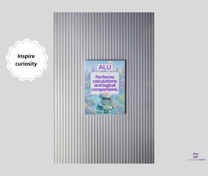 May include: A rectangular educational poster featuring a cartoon robot character and the text ALU Performs calculations and logical comparisons. To the left, a white scalloped badge displays the text Inspire curiosity in black font.