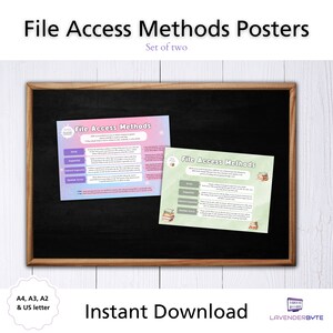 May include: Two printable posters on a chalkboard background. Each poster has a light green or pink background with a stack of books and a title that reads "File Access Methods". The posters describe different file access methods, including serial, sequential, indexed sequential, and random access.