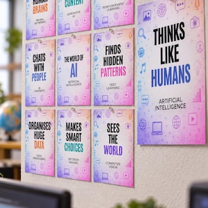 Op de afbeelding: Een verzameling van tien rechthoekige posters met een verloopachtergrond met tekst over kunstmatige intelligentie. De posters tonen zinnen zoals Thinks Like Humans, Mimics Human Brains en Creates New Content.
