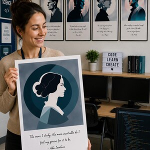 May include: A rectangular poster featuring a stylized profile illustration of Ada Lovelace in shades of blue and gray. Below the portrait, the text reads: The more I study, the more insatiable do I feel my genius for it to be. - Ada Lovelace.