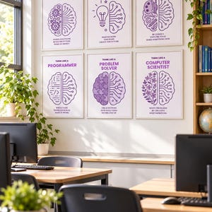 May include: Six framed wall posters featuring purple brain illustrations and text. The designs include Think Like An Engineer, Innovator, Creator, Programmer, Problem Solver, and Computer Scientist, each with unique icons and motivational phrases.