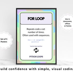 Set di poster sui cicli Python, ciclo For While, intervallo, interruzione, continua, materiale didattico per la classe di informatica GCSE, scuola secondaria di primo e secondo grado (KS3, KS4), decorazione murale per la programmazione, scuola. immagine 4