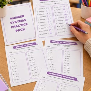Könnte beinhalten: Ein Set weißer Arbeitsblätter mit dem Titel Number Systems Practice Pack mit violetten Rändern und Text. Die Seiten enthalten Übungen zur Umrechnung von Binär-, Dezimal- und Hexadezimalzahlen sowie Zeilen für Name und Klasse.