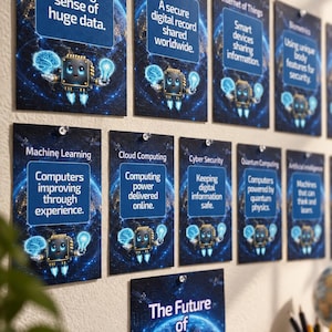 Può includere: Una serie di poster rettangolari con sfondi blu scuro e motivi di reti digitali luminose. Ogni poster mostra un argomento tecnologico, una definizione descrittiva e un piccolo robot che tiene in mano un cervello e una lampadina.