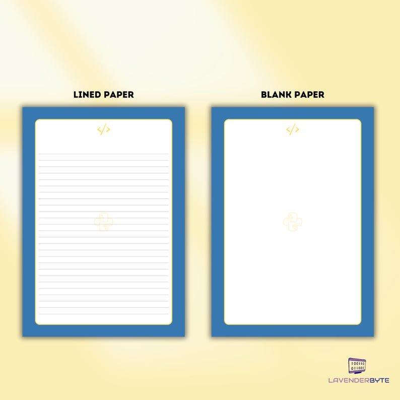 Pu&ograve; includere: Due fogli di carta, uno a righe e uno bianco, con bordi blu. I testi "LINED PAPER" e "BLANK PAPER" sono in alto. Ogni foglio ha un simbolo di codice dorato e un disegno dorato al centro. L'angolo in basso a destra ha il testo "LAVENDERBYTE".