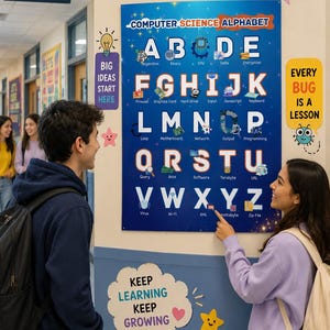 May include: A blue rectangular wall poster titled Computer Science Alphabet featuring letters A through Z, each paired with a technology-related term and icon. The poster is surrounded by decorative wall decals with phrases like Code Your Future and Every Bug Is A Lesson.
