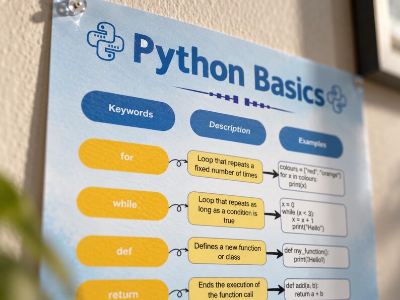 May include: A light blue educational poster titled Python Basics featuring a table with columns for Keywords, Description, and Examples. The chart lists programming terms like for, while, def, and return with corresponding definitions and code snippets.