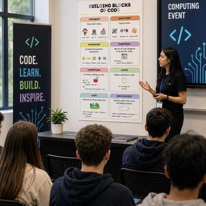 May include: A classroom setting featuring a vertical banner with the text CODE. LEARN. BUILD. INSPIRE. and a large poster titled BUILDING BLOCKS OF CODE that outlines programming concepts like variables, data types, operators, functions, and loops.
