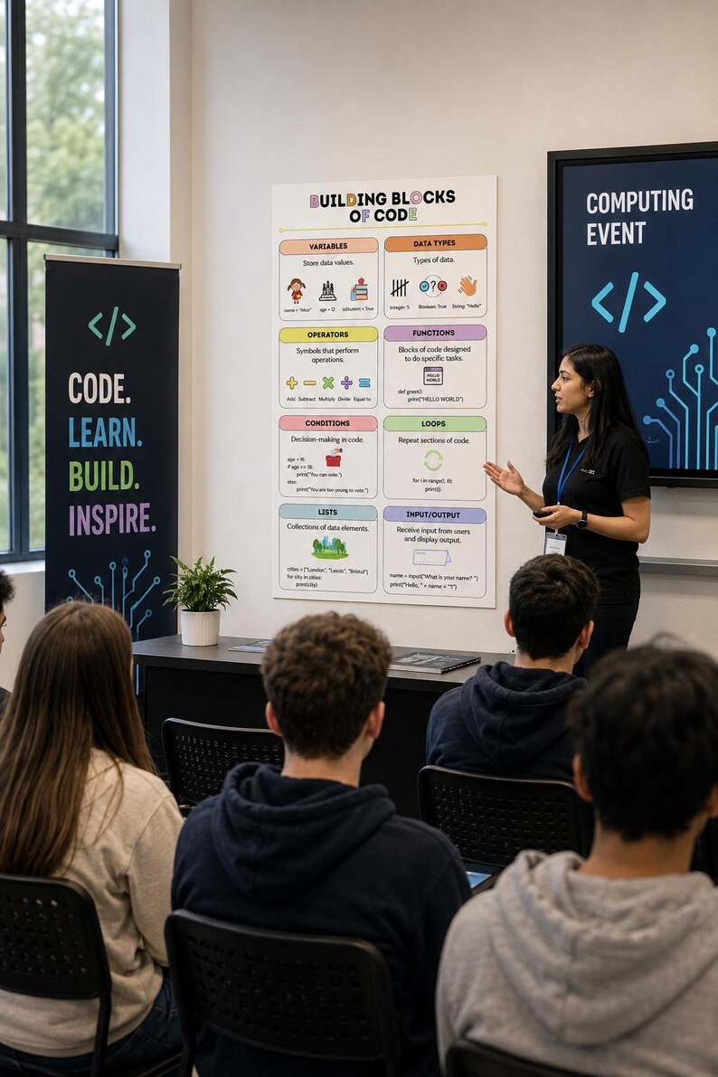 May include: A classroom setting featuring a vertical banner with the text CODE. LEARN. BUILD. INSPIRE. and a large poster titled BUILDING BLOCKS OF CODE that outlines programming concepts like variables, data types, operators, functions, and loops.