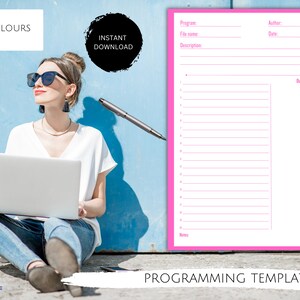 Pu&ograve; includere: Un modello di programmazione rosa con sezioni per il nome del programma, il nome del file, la descrizione, l'autore, la data, l'output e le note. Il modello ha 15 righe per il codice e uno spazio per l'output.