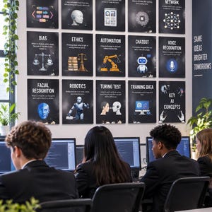 May include: A wall display titled Artificial Intelligence featuring fifteen educational posters with definitions and icons for concepts like Algorithm, Machine Learning, Data, Model, Neural Network, Bias, Ethics, Automation, Chatbot, and Robotics.