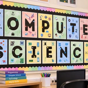 Pósteres con letras de informática, pósteres para el aula, decoración para el laboratorio de informática, pósteres educativos, decoración para el aula de programación, descarga imprimible.