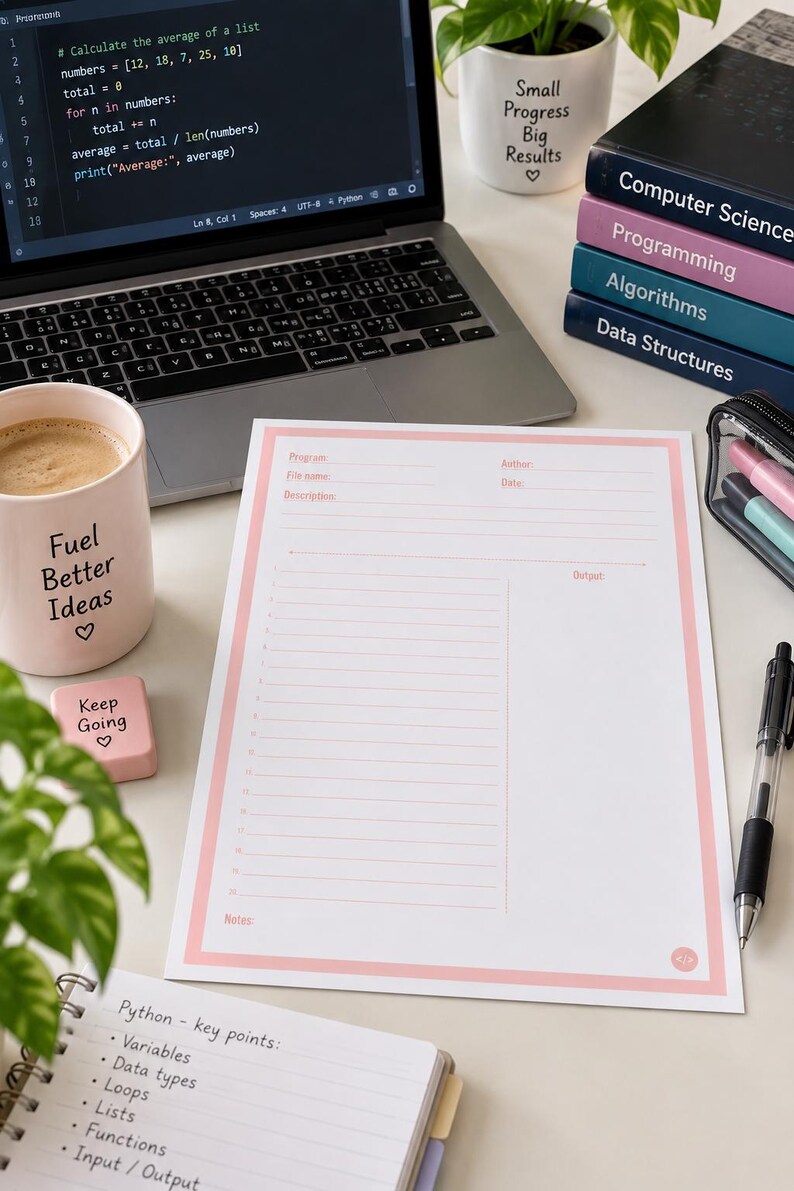 May include: A white programming worksheet with a pink border featuring fields for program, author, file name, date, description, and output. The sheet includes a numbered list area and a notes section, displayed alongside a laptop, mugs, and books.