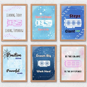 Könnte beinhalten: Sechs Motivationsposter mit blauem und weißem Hintergrund und einer Grafik einer Computergrafikkarte. Die Poster zeigen inspirierende Zitate wie "Heute lernen, morgen führen", "Wage zu träumen, wage zu tun", "Kleine Schritte, große Sprünge", "Positive Einstellung, starke Ergebnisse", "Groß träumen, hart arbeiten", und "Sei die Veränderung, sei der Unterschied".