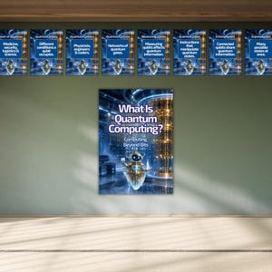 Pu&ograve; includere: Un grande poster educativo intitolato What Is Quantum Computing? Computing Beyond Bits, con un robot centrale e otto pannelli informativi pi&ugrave; piccoli sopra che descrivono concetti quantistici come circuiti e qubit.