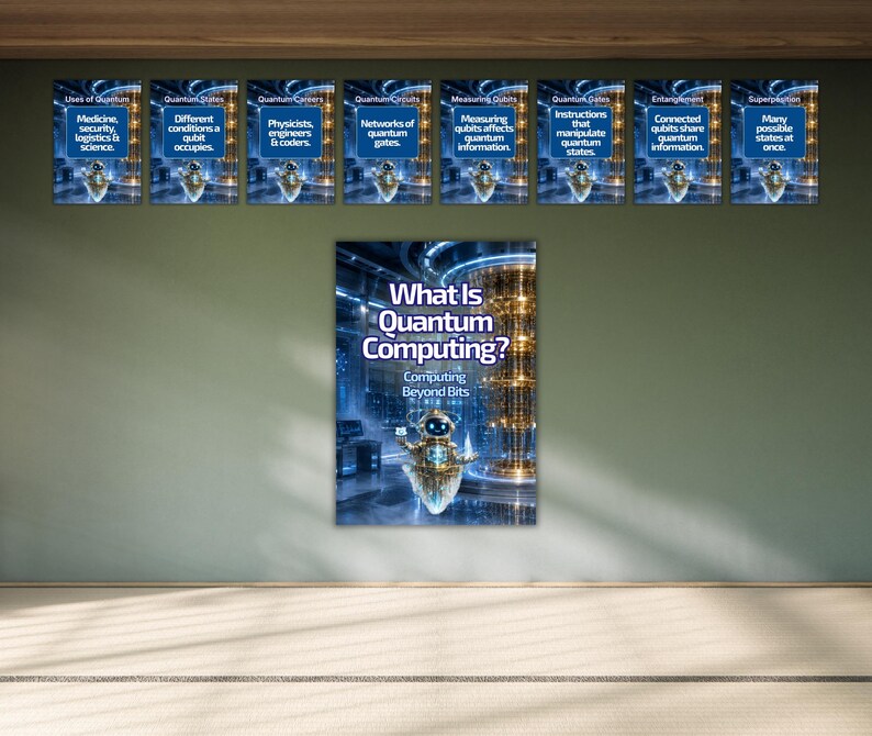 Pu&ograve; includere: Un grande poster educativo intitolato What Is Quantum Computing? Computing Beyond Bits, con un robot centrale e otto pannelli informativi pi&ugrave; piccoli sopra che descrivono concetti quantistici come circuiti e qubit.