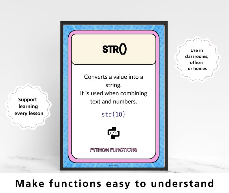Pu&ograve; includere: Un poster educativo incorniciato con un bordo blu e rosa. Il poster spiega la funzione Python STR(), che converte i valori in stringhe. Il testo include "str(10)" e "Python Functions". Gli elementi decorativi includono "Support learning every lesson" e "Use in classrooms, offices or homes."