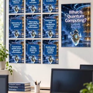 Peut inclure: Un ensemble de dix affiches &eacute;ducatives sur l'informatique quantique affich&eacute;es sur un mur. Chaque affiche pr&eacute;sente un petit personnage robot et du texte expliquant des concepts comme les &eacute;tats quantiques, l'intrication et les qubits.