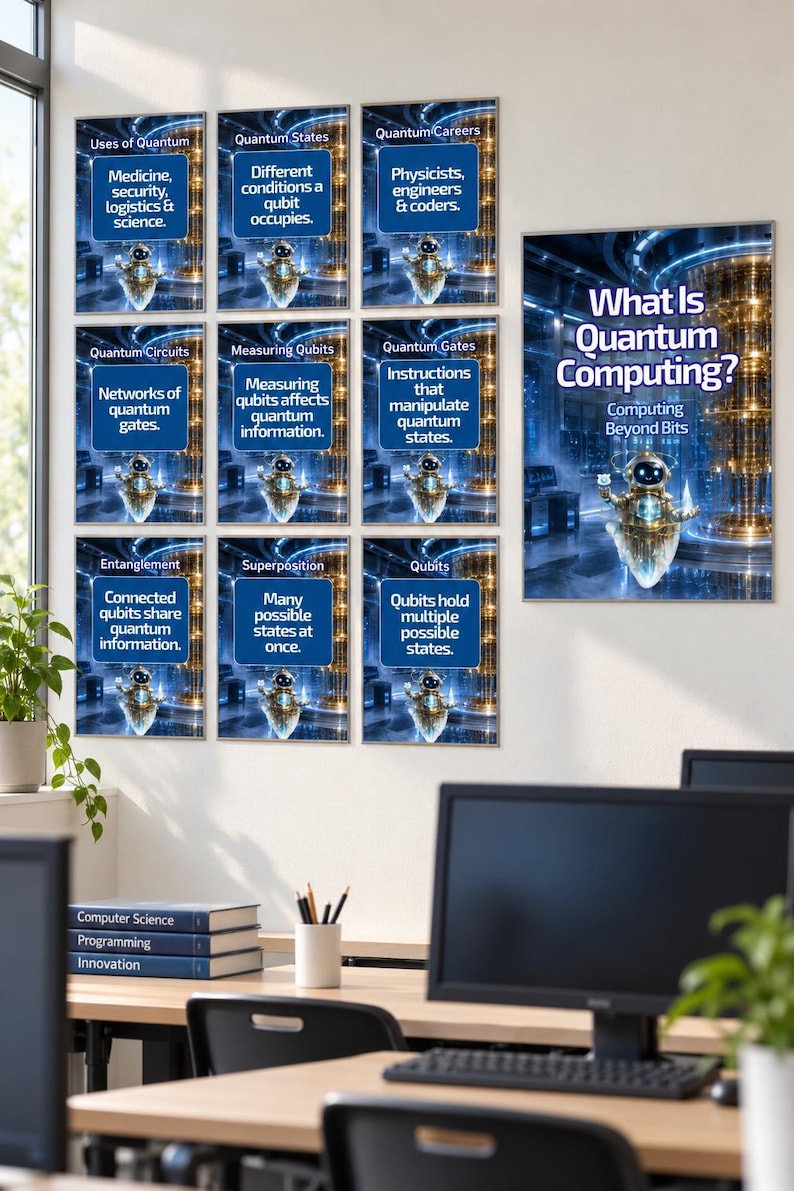 Peut inclure: Un ensemble de dix affiches &eacute;ducatives sur l'informatique quantique affich&eacute;es sur un mur. Chaque affiche pr&eacute;sente un petit personnage robot et du texte expliquant des concepts comme les &eacute;tats quantiques, l'intrication et les qubits.