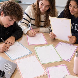 May include: A collection of colorful paper study planners with lined sections for subject, date, and notes, featuring borders in blue, pink, green, and yellow. The planners are arranged on a wooden surface alongside a corduroy pencil case.