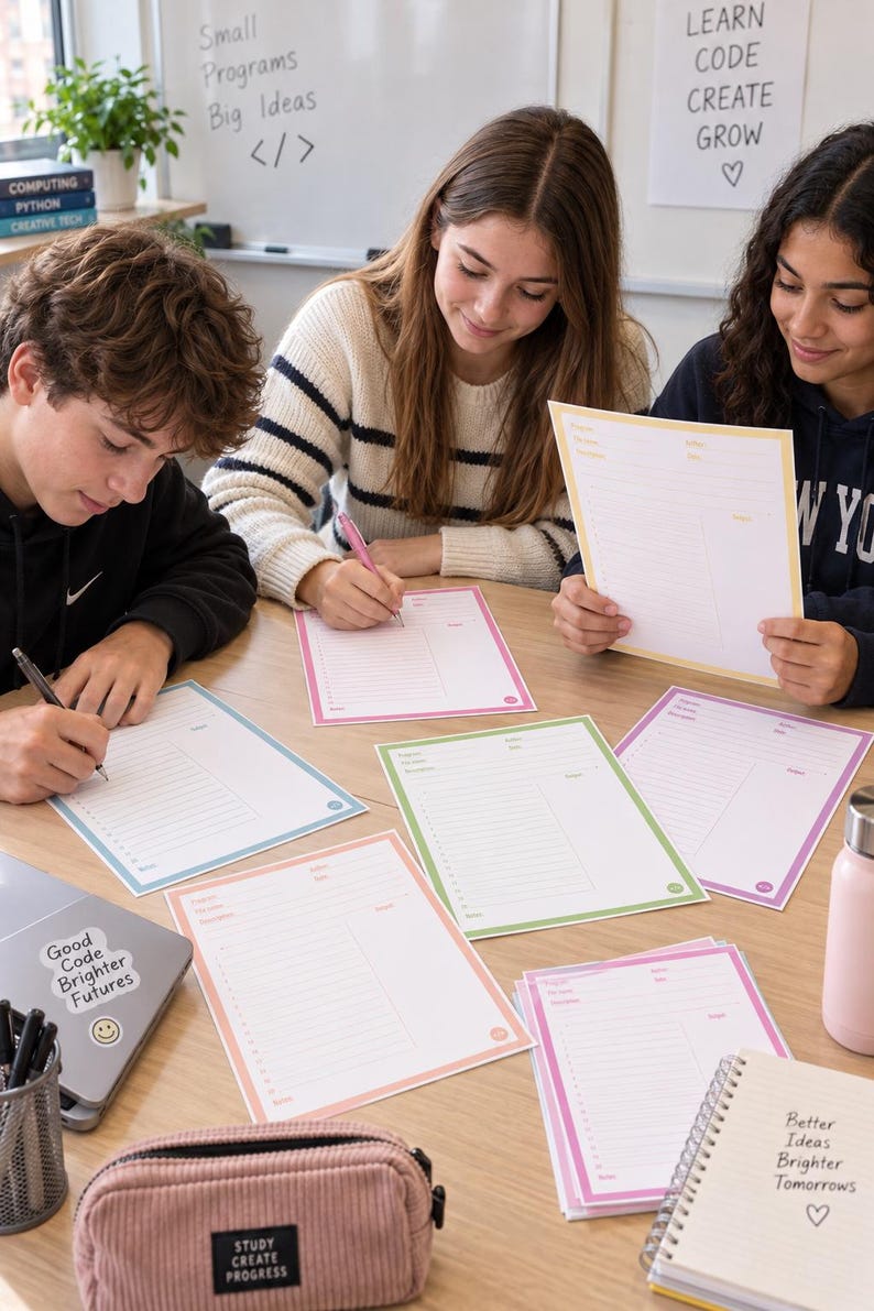 May include: A collection of colorful paper study planners with lined sections for subject, date, and notes, featuring borders in blue, pink, green, and yellow. The planners are arranged on a wooden surface alongside a corduroy pencil case.