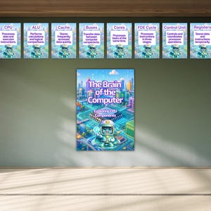 May include: A set of educational posters titled The Brain of the Computer: Exploring CPU Components, featuring a central illustration of a robotic character and eight smaller cards defining CPU, ALU, Cache, Buses, Cores, FDE Cycle, Control Unit, and Registers.