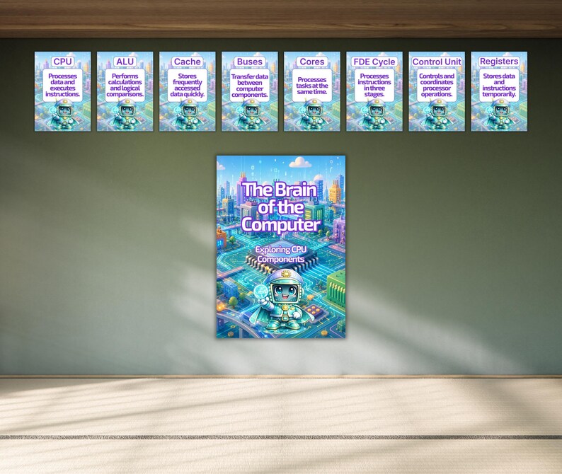 May include: A set of educational posters titled The Brain of the Computer: Exploring CPU Components, featuring a central illustration of a robotic character and eight smaller cards defining CPU, ALU, Cache, Buses, Cores, FDE Cycle, Control Unit, and Registers.