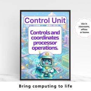 May include: A framed educational poster featuring a cartoon robot character on a digital circuit board background. The text reads Control Unit, Controls and coordinates processor operations. A separate white cloud-shaped graphic says Use in classrooms, offices or homes.