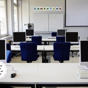 May include: A classroom with rows of computers and blue chairs. The word "COMPUTING" is spelled out in colorful letters on the wall.