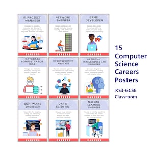 15 carteles de carreras de informática / Decoración para aulas de tecnología / Paquete de carreras STEM y computación