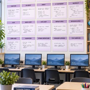 May include: A classroom wall display featuring twenty light purple square posters with black text explaining pseudocode concepts like arrays, loops, and logic. Below the wall, four computer monitors sit on a desk with a book titled Computer Science Programming.