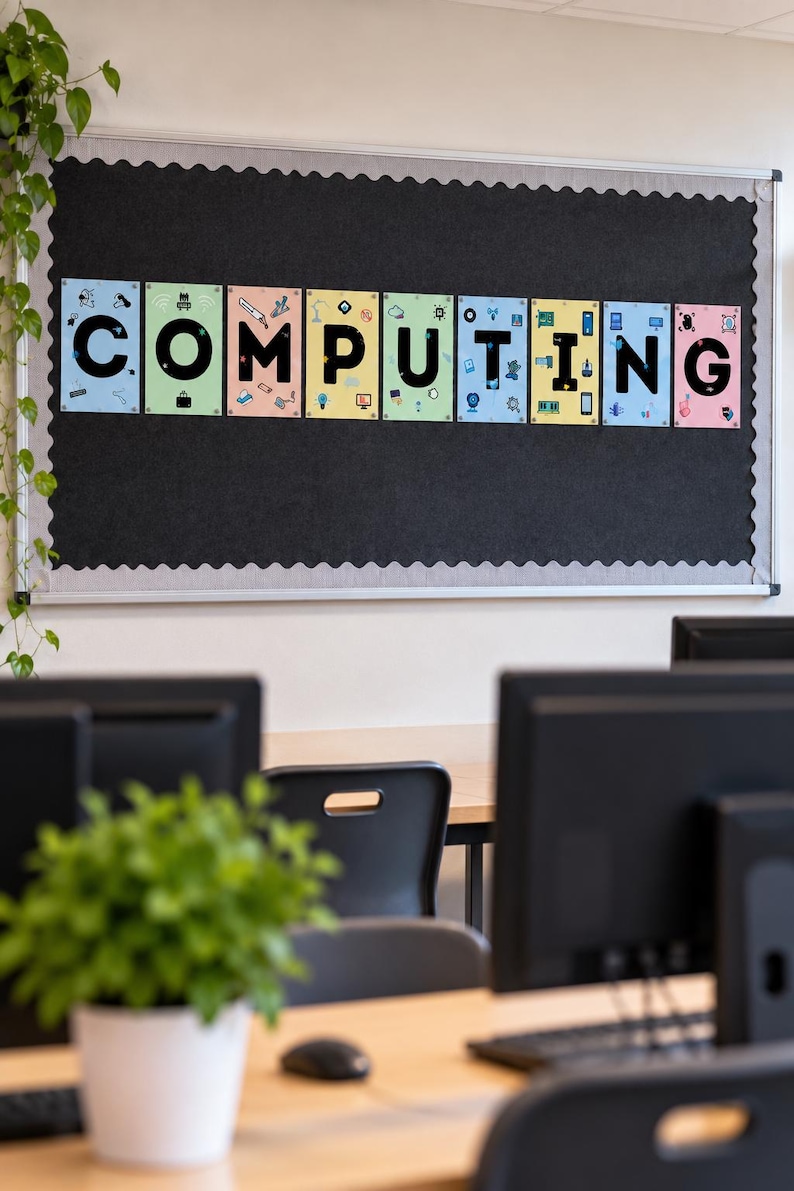 May include: A rectangular black bulletin board with a scalloped border features nine individual rectangular cards arranged in a row. Each card displays a single black letter spelling the word COMPUTING, accompanied by small colorful tech-themed icons.