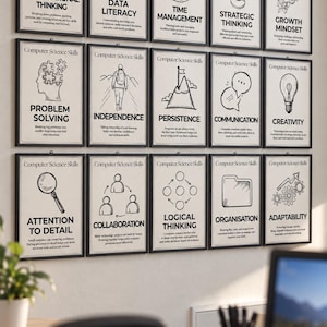 May include: A set of fifteen framed wall posters titled Computer Science Skills, each featuring a black and white line drawing and descriptive text. The posters illustrate concepts like computational thinking, data literacy, and logical thinking.